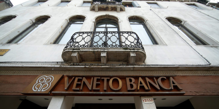 The logo of Veneto Banca bank is seen in Venice