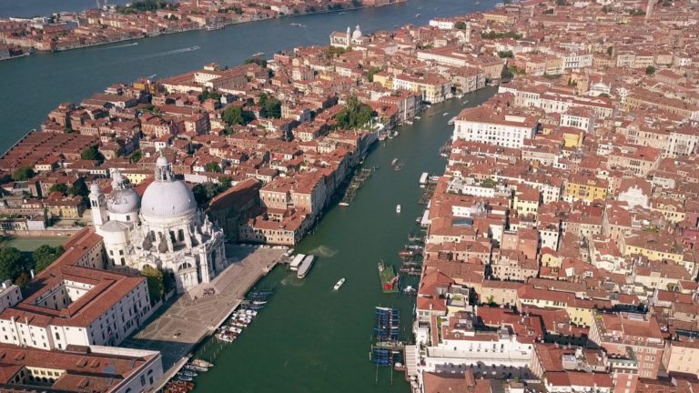 Aerial view of the Grand Canal and Santa Maria della Salute church in Venice, Italy