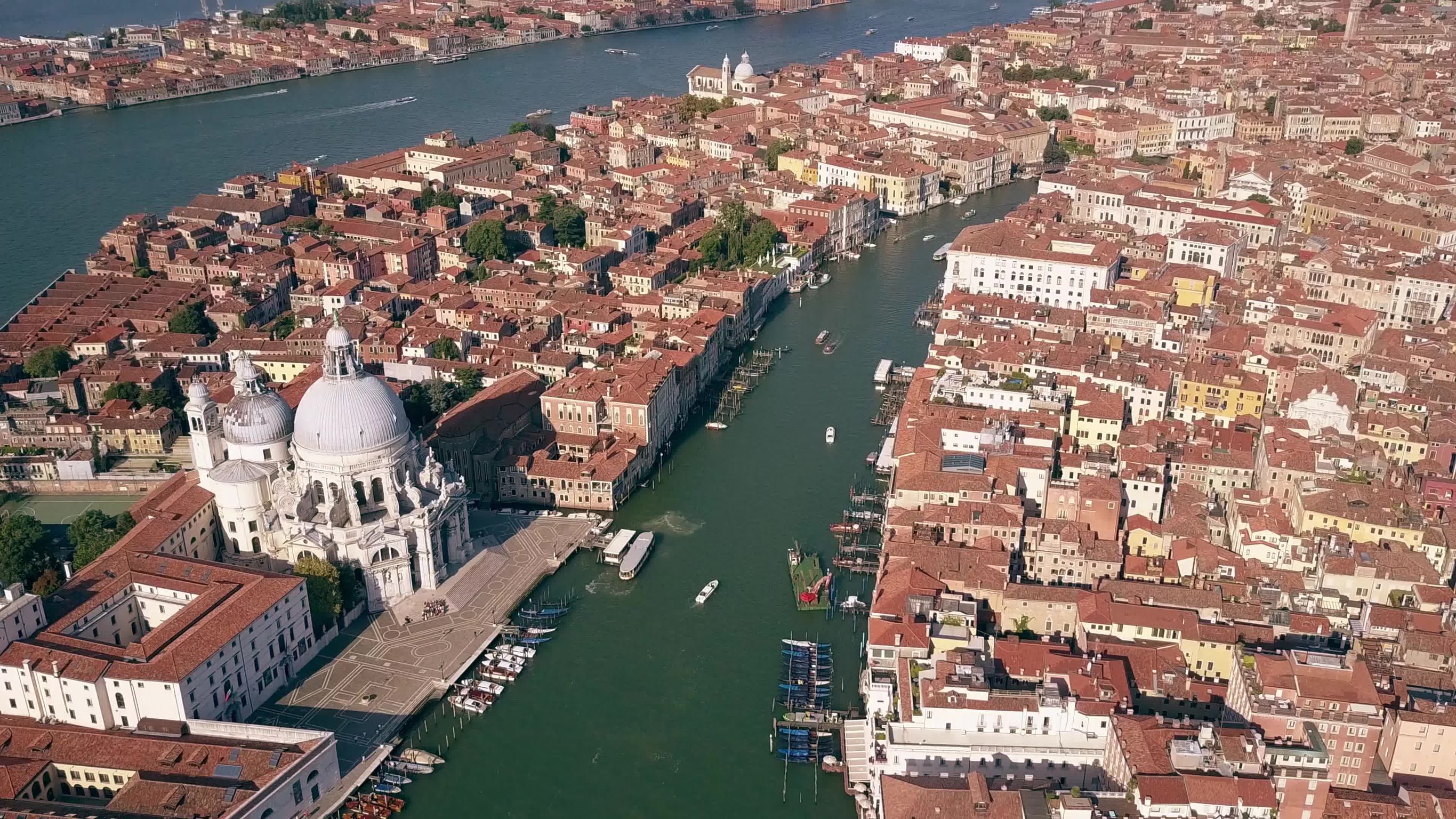 Aerial view of the Grand Canal and Santa Maria della Salute church in Venice, Italy