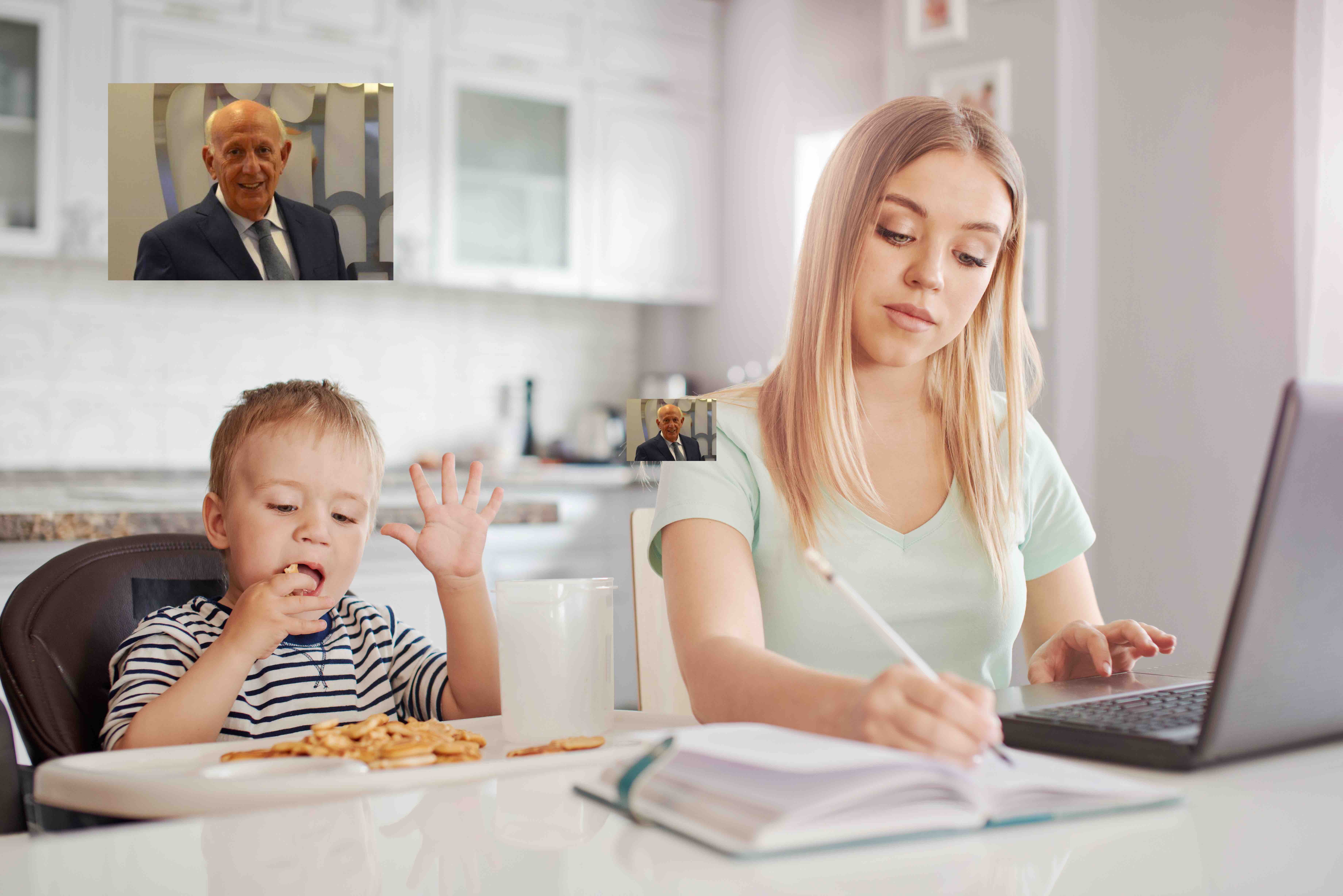 Working mother with child in the kitchen