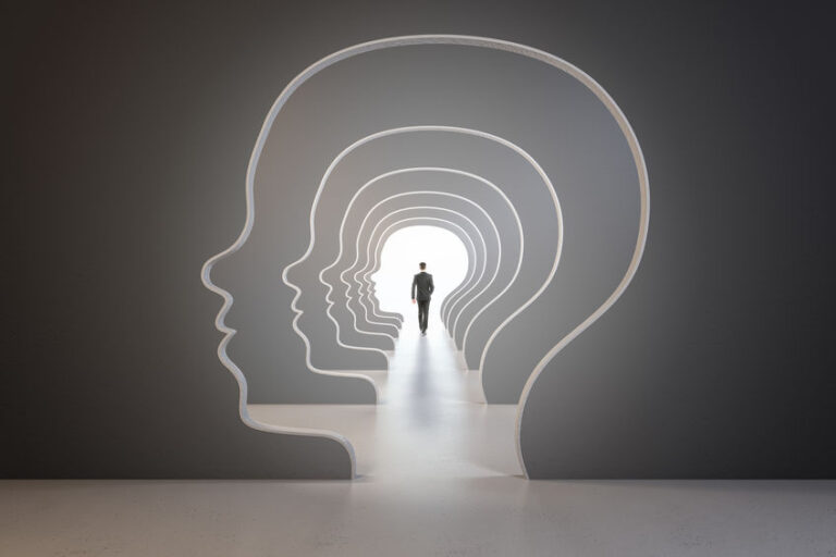 Abstract image of man walking through head outline corridor. Thinking, maze, solution and answer search concept.