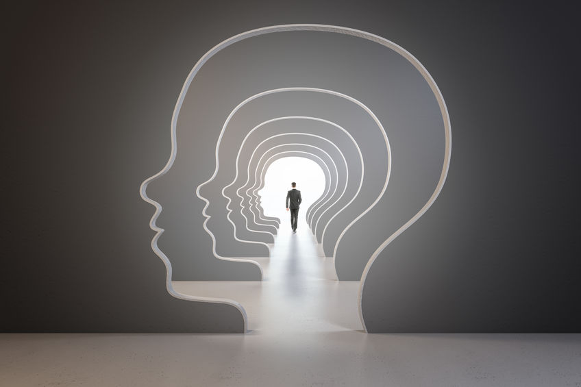 Abstract image of man walking through head outline corridor. Thinking, maze, solution and answer search concept.