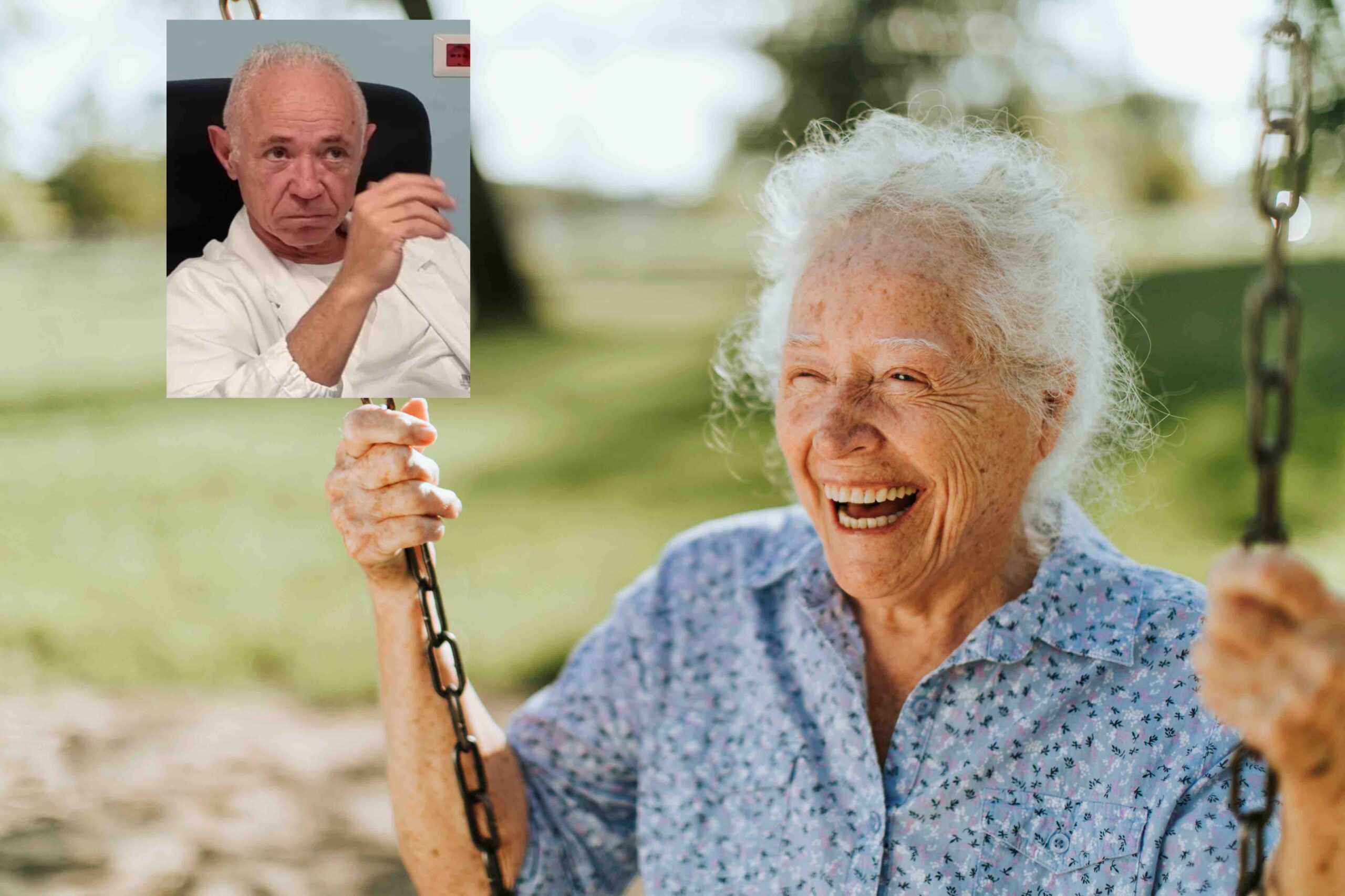 Cheerful senior woman on a swing at a playground