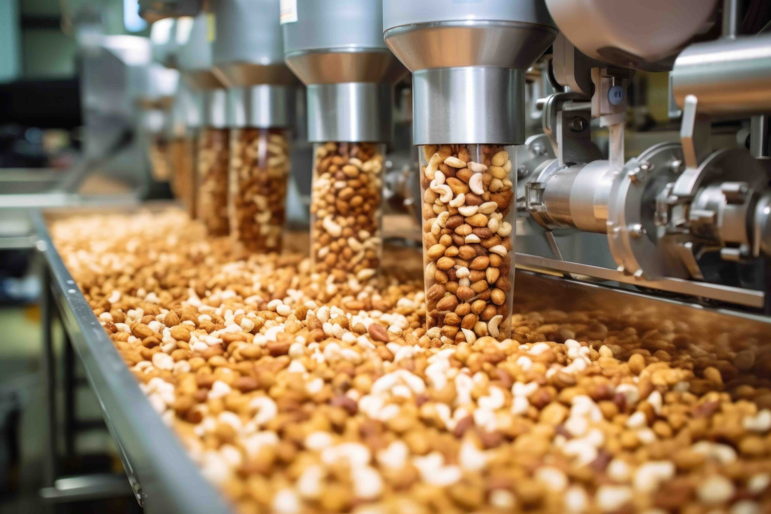 snack food production: cans being filled with nuts