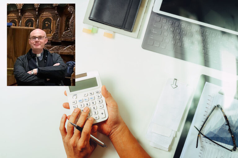 top view of businessman hand working with finances about cost and calculator and latop with mobile phone on withe desk in modern office