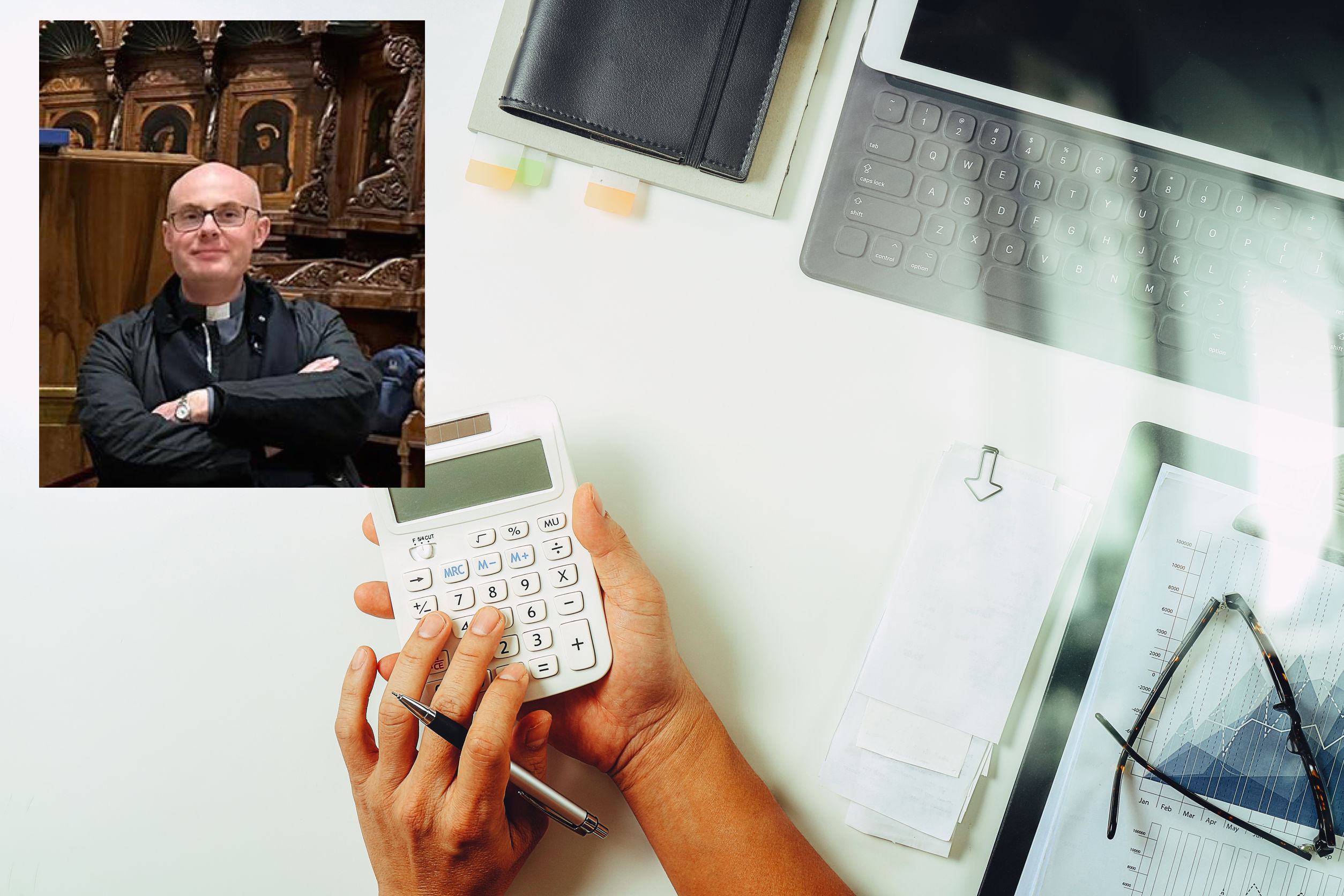 top view of businessman hand working with finances about cost and calculator and latop with mobile phone on withe desk in modern office