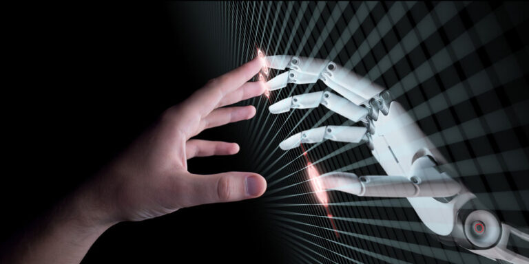 Hands of Robot and Human Touching. Virtual Reality Concept 3d Illustration