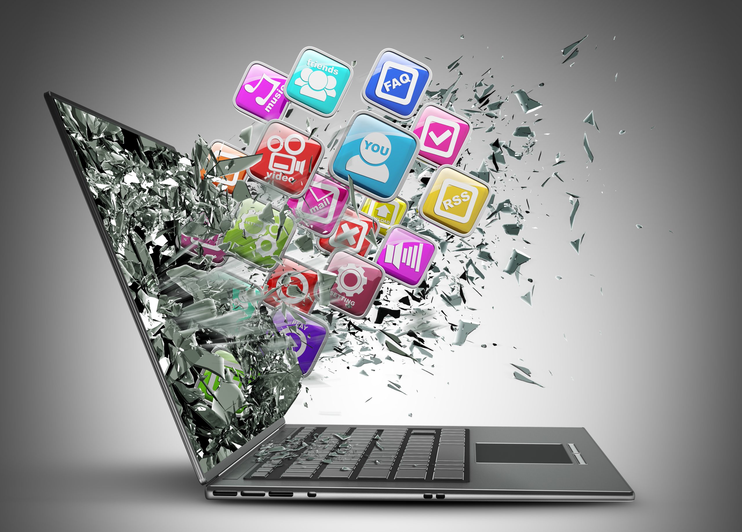 Computer mobility. laptop with color application icons High resolution 3d render