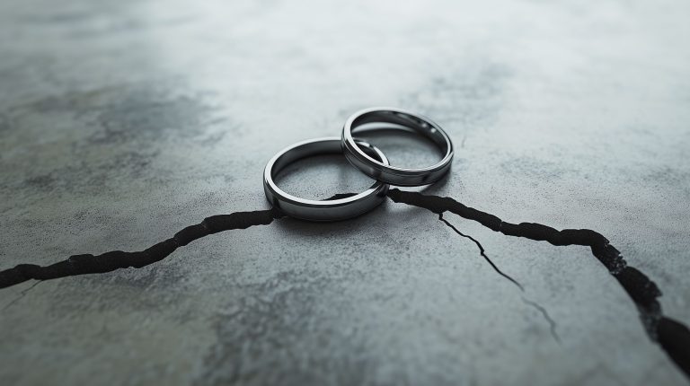 240815279 - wedding rings on cracked concrete background. 3d illustration.