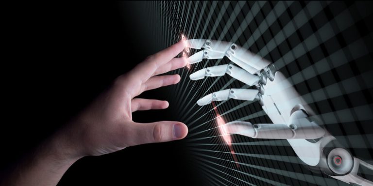 Hands of Robot and Human Touching. Virtual Reality Concept 3d Illustration