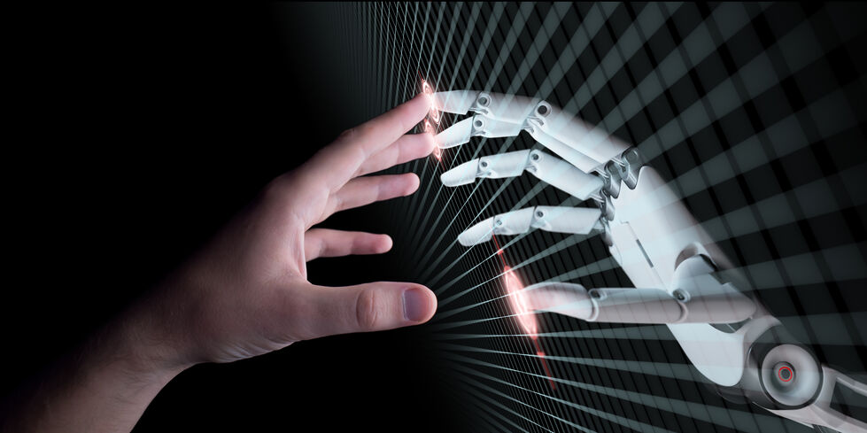 Hands of Robot and Human Touching. Virtual Reality Concept 3d Illustration