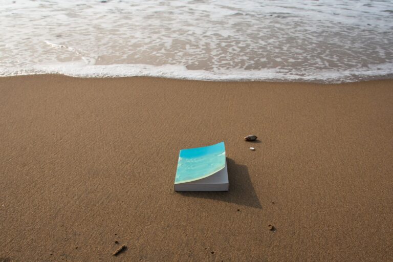 161712088 - book lying on the sea shore as gentle waves arrive.