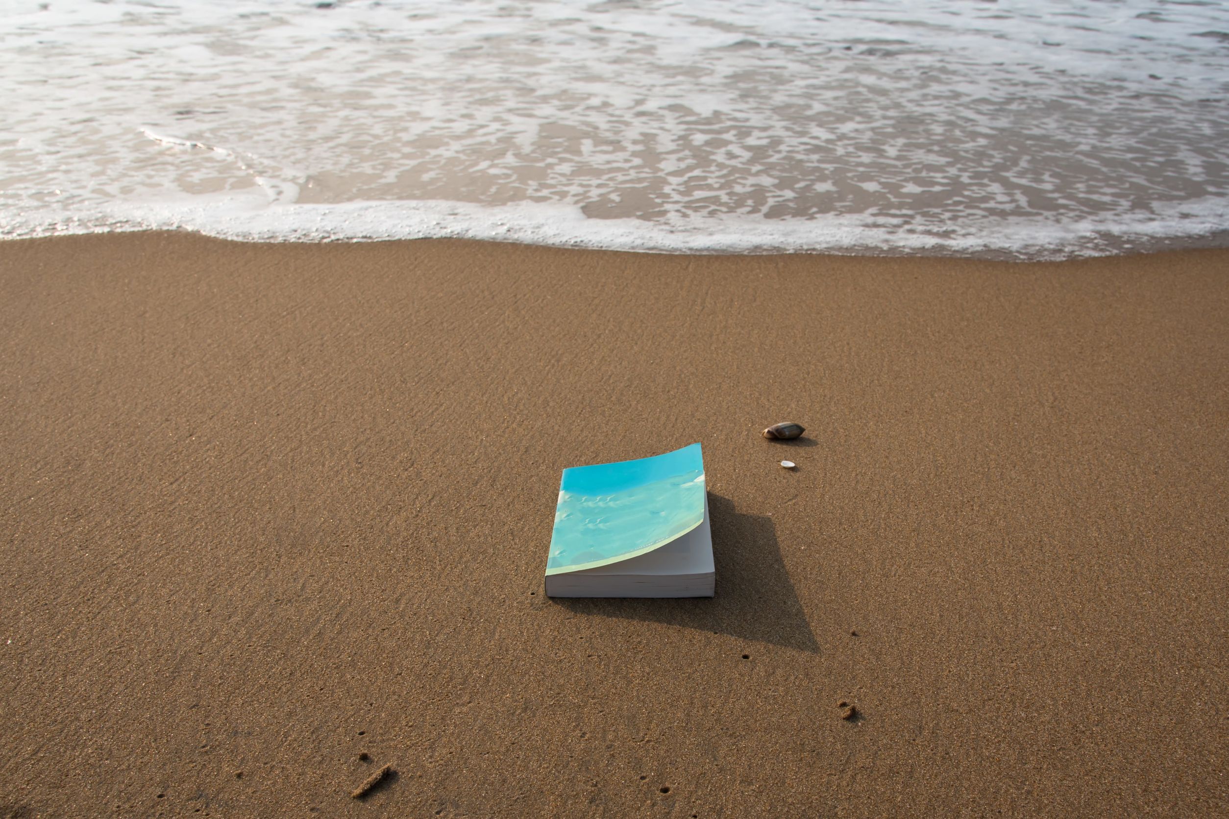 161712088 - book lying on the sea shore as gentle waves arrive.
